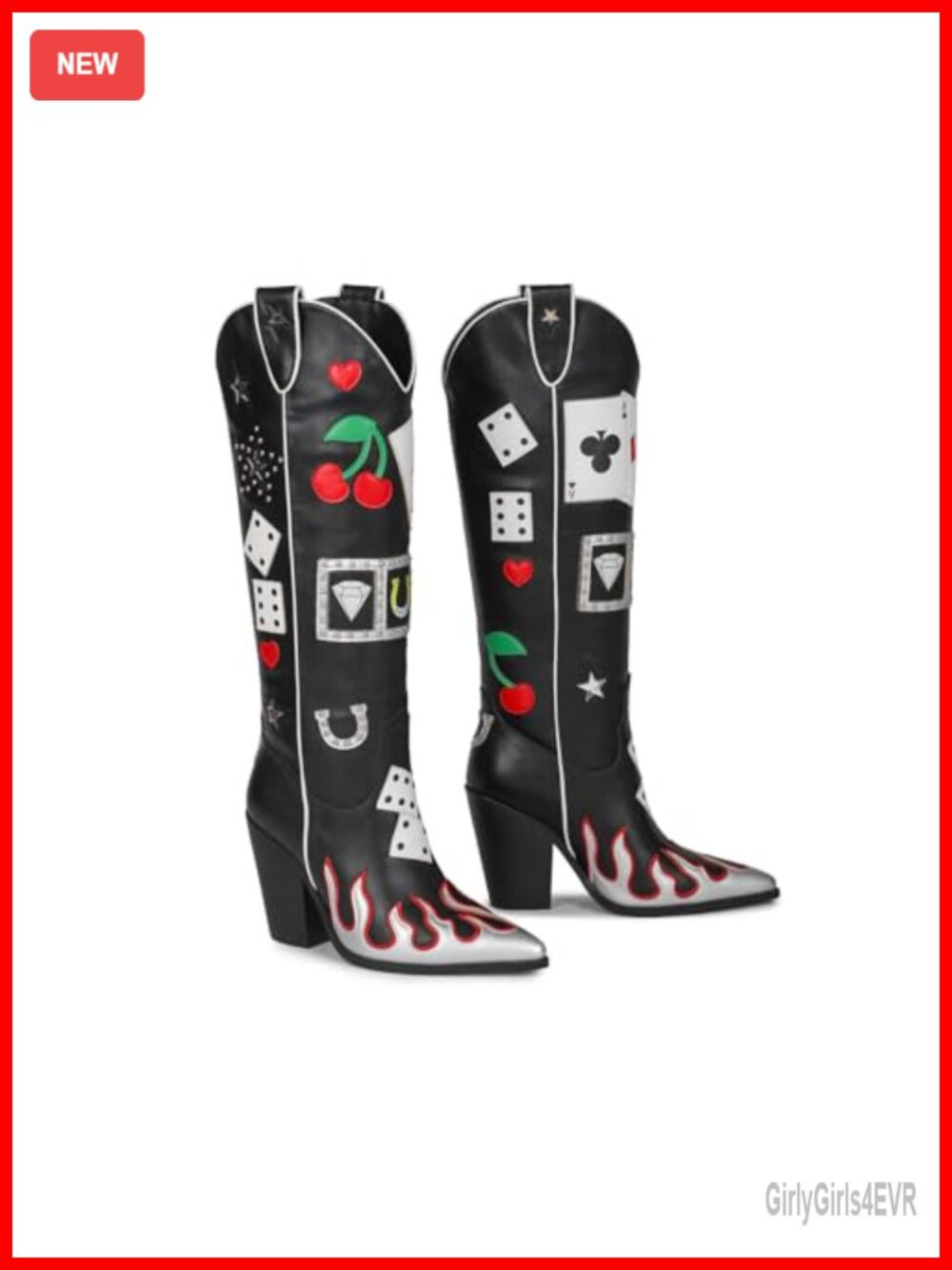 Faux Leather Crystal Embellished Western Knee-High Cowboy Boots Women's Chunky